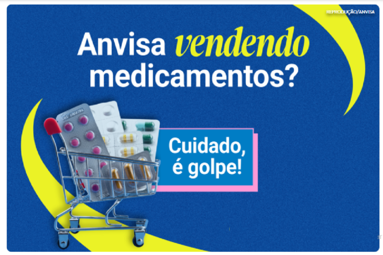 Não caia no golpe! Anvisa não liga para vender remédio para emagrecer 1 Blisters de comprimidos em carrinho de compras sobre fundo azul com aviso de golpe