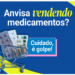 Blisters de comprimidos em carrinho de compras sobre fundo azul com aviso de golpe