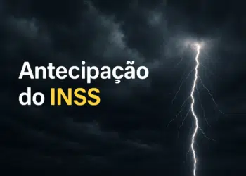 Relâmpago em céu escuro com texto Antecipação do INSS.