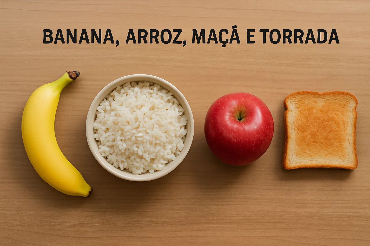 Dieta para gripes, resfriados e viroses: veja dicas e tire dúvidas 2 banana, arroz, maçã e torrada sobre uma mesa de madeira.