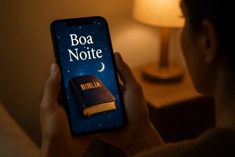 Abençoe quem você ama: Mensagens de boa noite com promessas bíblicas para enviar no WhatsApp 1 Pessoa segurando celular com mensagem 'Boa Noite' e imagem da Bíblia na tela