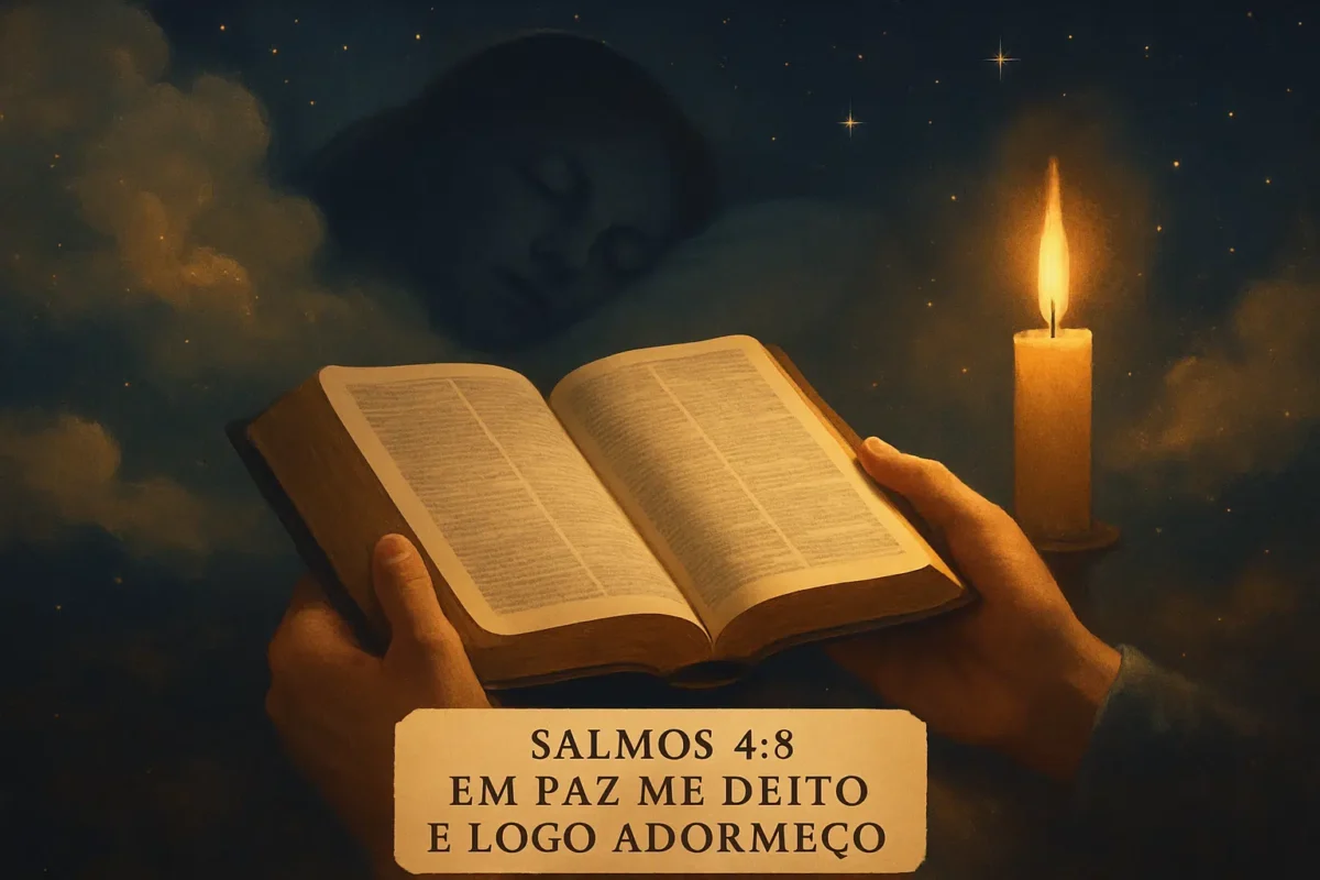Abençoe quem você ama: Mensagens de boa noite com promessas bíblicas para enviar no WhatsApp 2 Mãos segurando uma Bíblia aberta ao lado de uma vela acesa, com o rosto de uma pessoa dormindo ao fundo e o versículo Salmos 4:8 escrito.