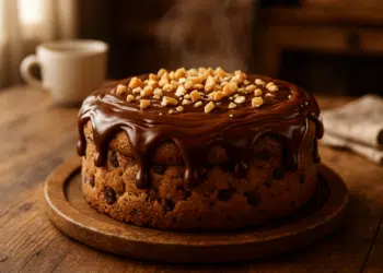 Bolo de chocolate com cobertura e castanhas