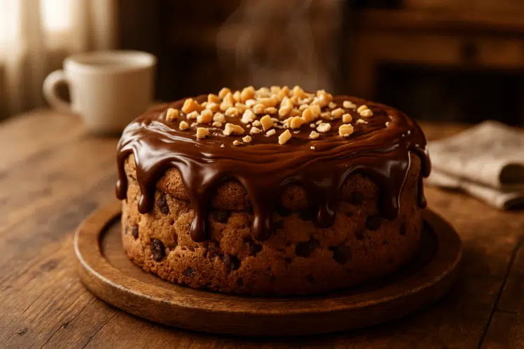 Bolo de chocolate com cobertura e castanhas