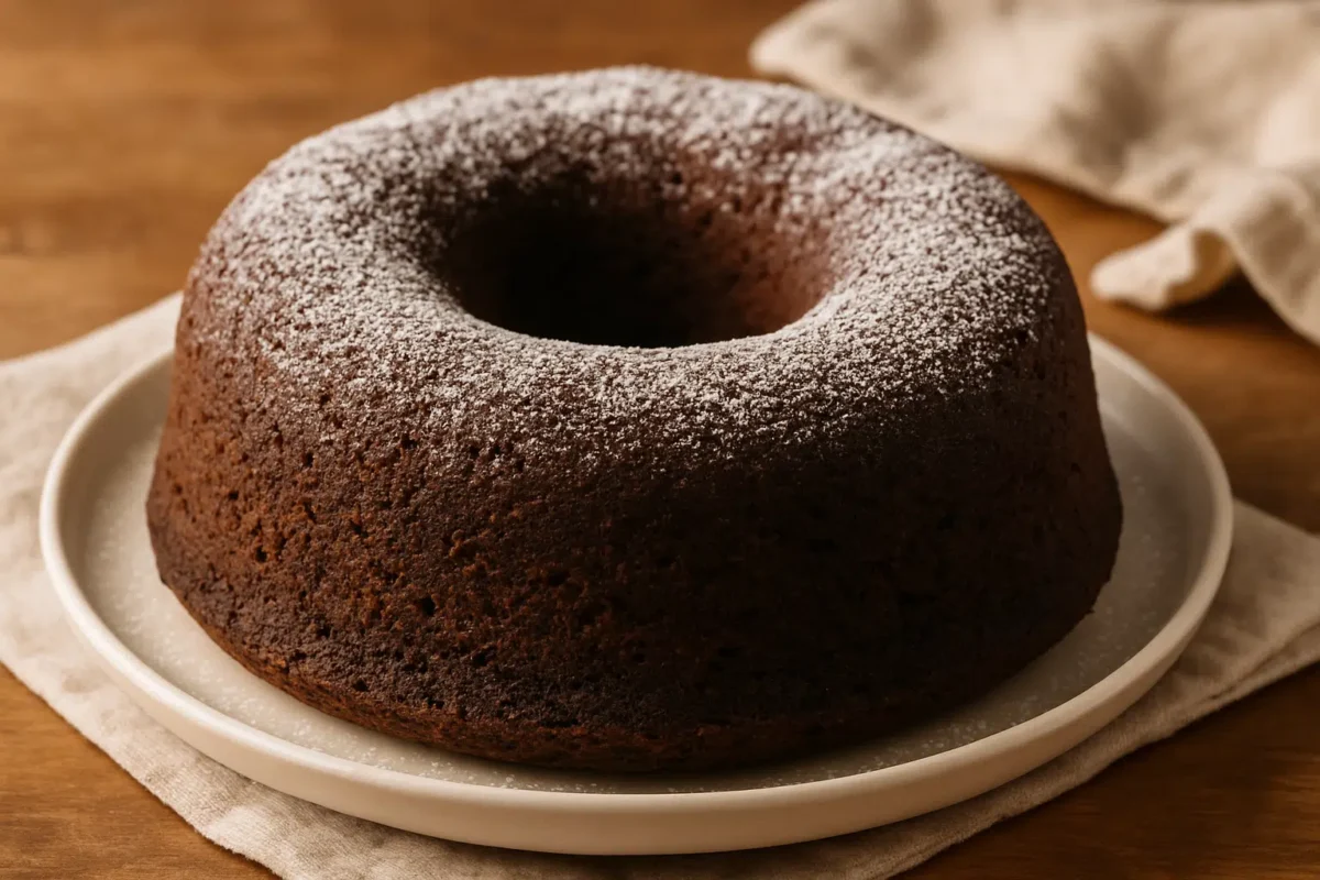 Bolo de rosquinha de chocolate fofinho: receita irresistível com 4 ingredientes 2 Bolo de chocolate com açúcar de confeiteiro polvilhado por cima