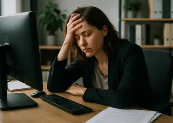 Mulher com expressão de cansaço sentada em frente a um computador no escritório