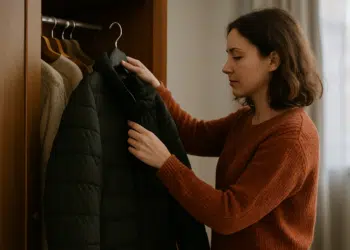 Mulher segurando uma jaqueta preta em frente ao guarda-roupa