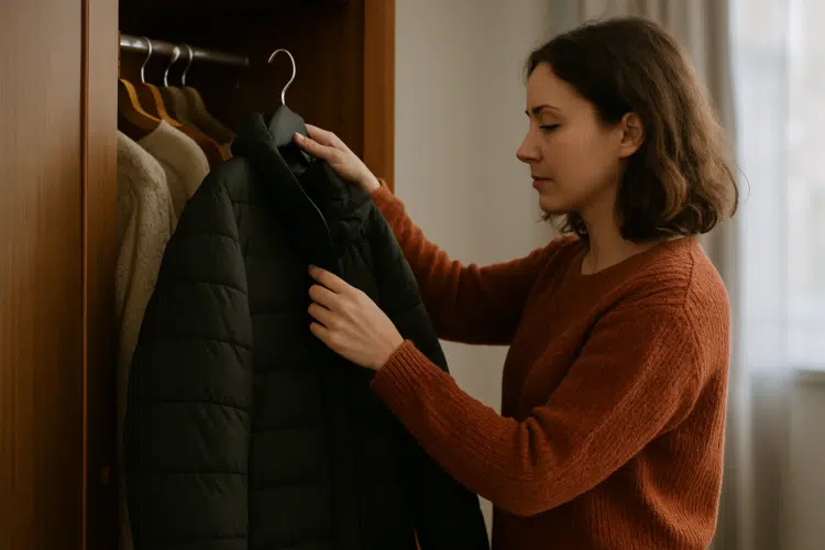 Mulher segurando uma jaqueta preta em frente ao guarda-roupa