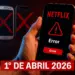 Celular exibindo erro da Netflix no dia '1º de Abril 2026'