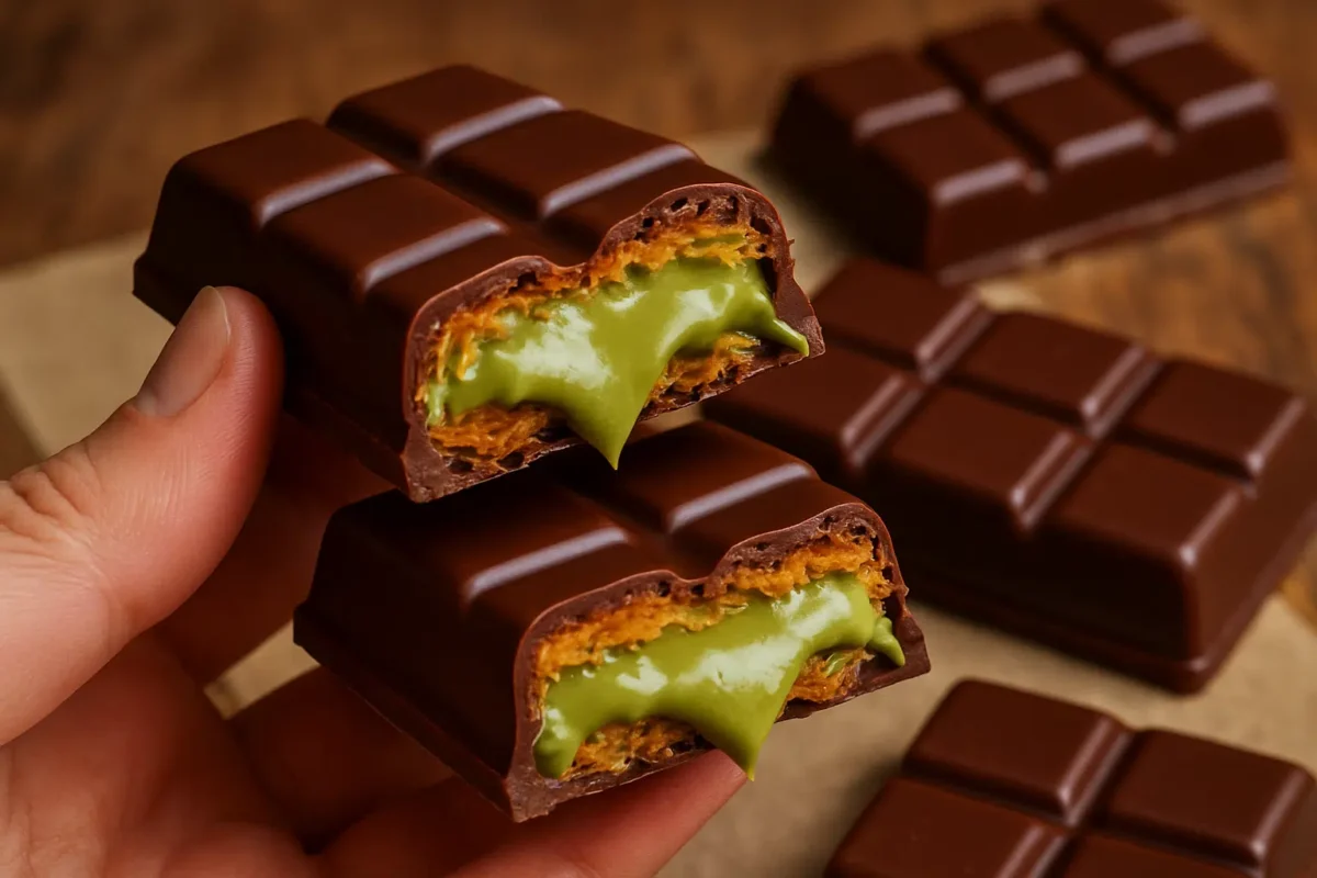 Chocolate de Dubai 2026: Saiba como fazer em casa a barra crocante que é febre mundial 2 Barra de chocolate recheada com creme verde