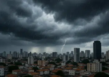 Tempestade com relâmpago e chuva sobre cidade com prédios altos