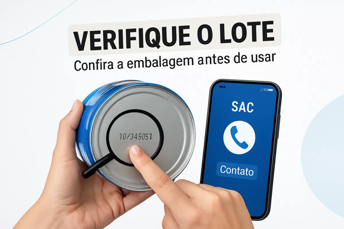 Anvisa suspende três lotes da fórmula infantil Aptamil Premium 1 por contaminação com toxina 2 Pessoa apontando para o lote em uma embalagem de lata ao lado de um celular com tela de contato SAC