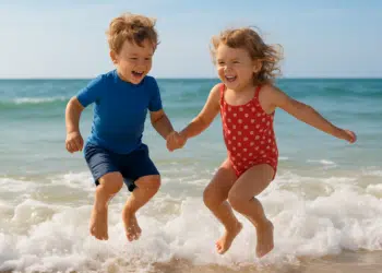 Duas crianças pulando na praia, sorrindo e segurando as mãos