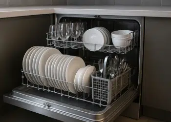 Lava-louças aberta com pratos, copos e talheres organizados.