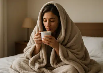 Mulher enrolada em cobertor bege tomando uma bebida quente na cama.