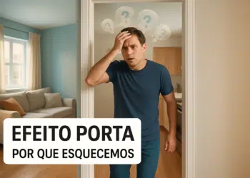 Homem parado em uma porta com expressão confusa, tocando a cabeça
