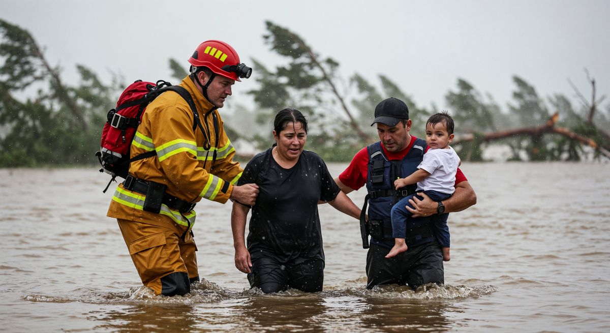 Famílias atingidas por desastres receberão Auxílio Reconstrução de R$ 7,3 mil 2 Bombeiros auxiliam mulher e carregam criança pequena enquanto atravessam área alagada sob chuva intensa.