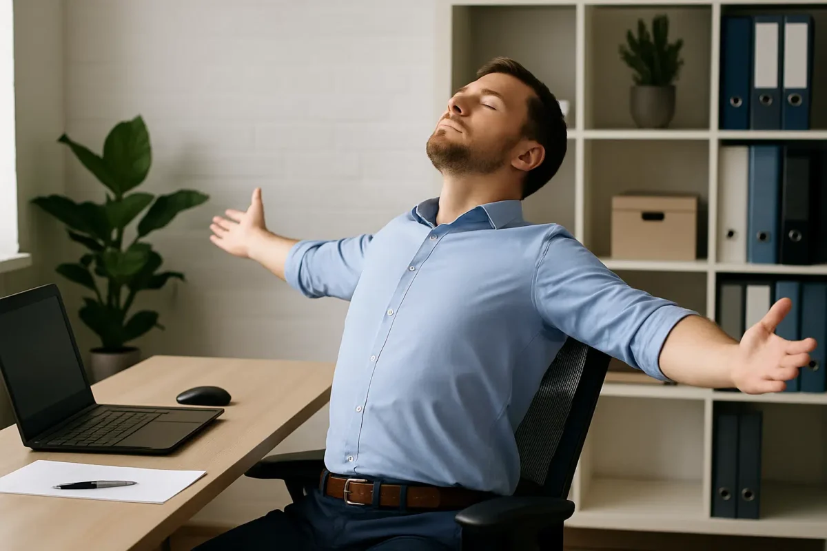 Trabalha sentado o dia todo? O exercício de 30 segundos que evita a dor nas costas e o cansaço mental 2 Homem relaxando com braços abertos em cadeira de escritório
