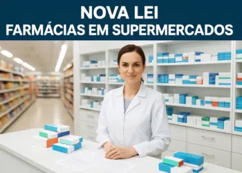 Farmacêutica atrás do balcão em farmácia dentro de supermercado com prateleiras ao fundo
