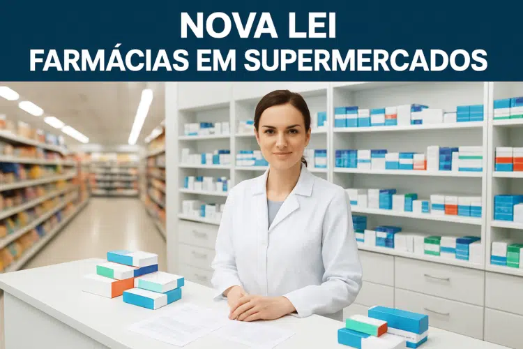Lei permite que supermercados instalem farmácia para venda de remédios 1 Farmacêutica atrás do balcão em farmácia dentro de supermercado com prateleiras ao fundo