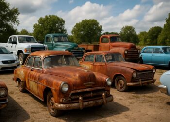 Carros antigos enferrujados em um pátio ao ar livre.
