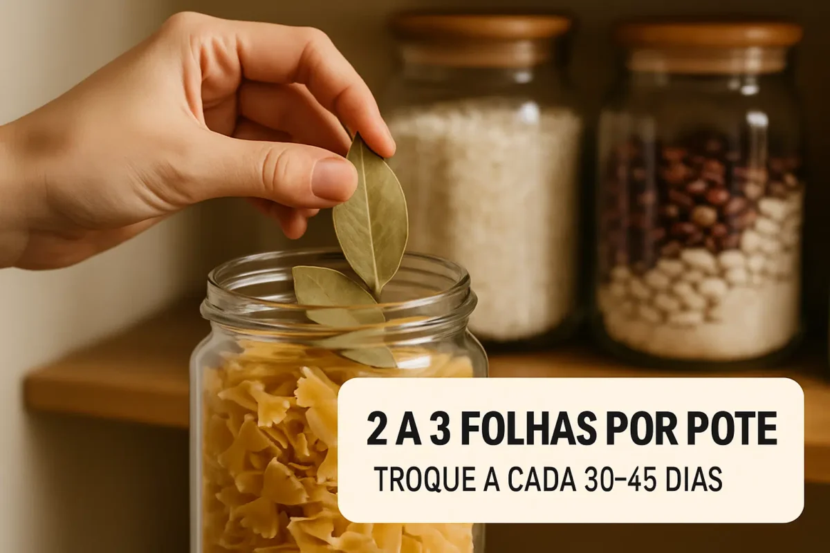 Coloque uma "folha de louro" dentro do pote de farinha e de macarrão; o motivo não é o sabor 2 Mão colocando folhas de louro em pote de vidro com macarrão