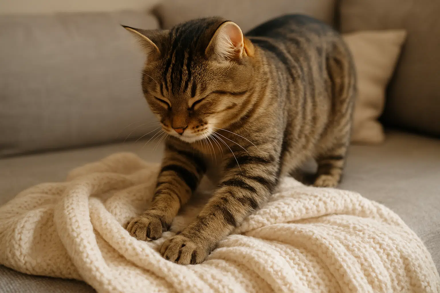 Por que os gatos fazem "pãozinho" nas cobertas? O motivo é mais fofo do que você imagina 2 Gato marrom malhado amassando cobertor de lã bege no sofá