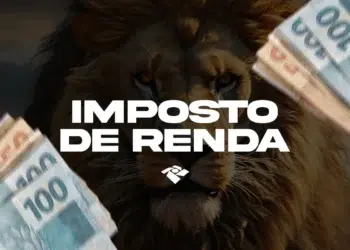 Leão ao fundo com notas de 50 e 100 reais em primeiro plano e texto "Imposto de Renda" centralizado.