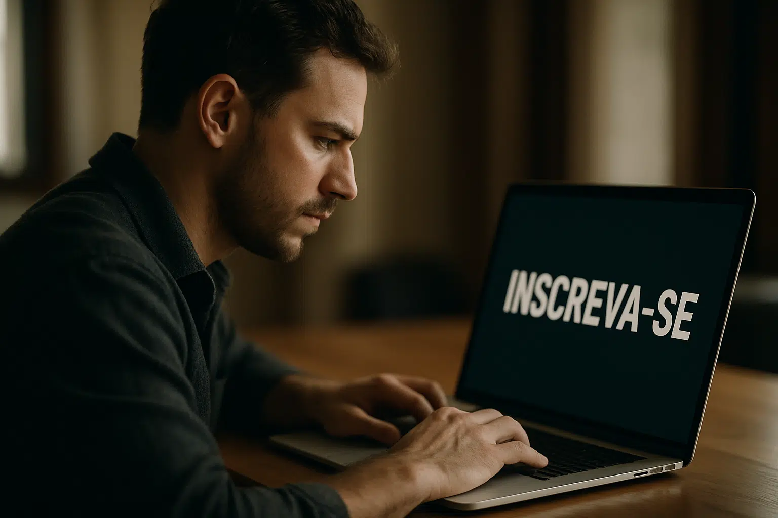 Inscrições abertas para o edital AgSUS: conquiste sua vaga com salários de até R$ 8,8 mil 2 Homem atento utiliza notebook exibindo mensagem de inscreva-se na tela.