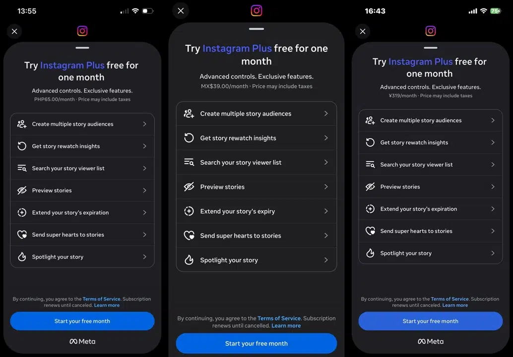 Meta testa “Instagram Plus” com modo anônimo para ver stories e mais recursos 2 Três telas de celular exibem oferta do Instagram Plus com lista de recursos premium destacados