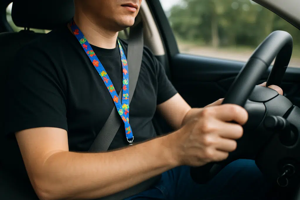 IPVA gratuito para pessoas com TEA; veja o que fazer para conseguir a isenção 2 Homem dirigindo um carro com cinto de segurança e crachá colorido.