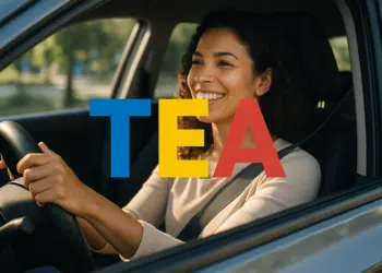 Mulher sorridente dirigindo um carro com as letras TEA coloridas na frente.