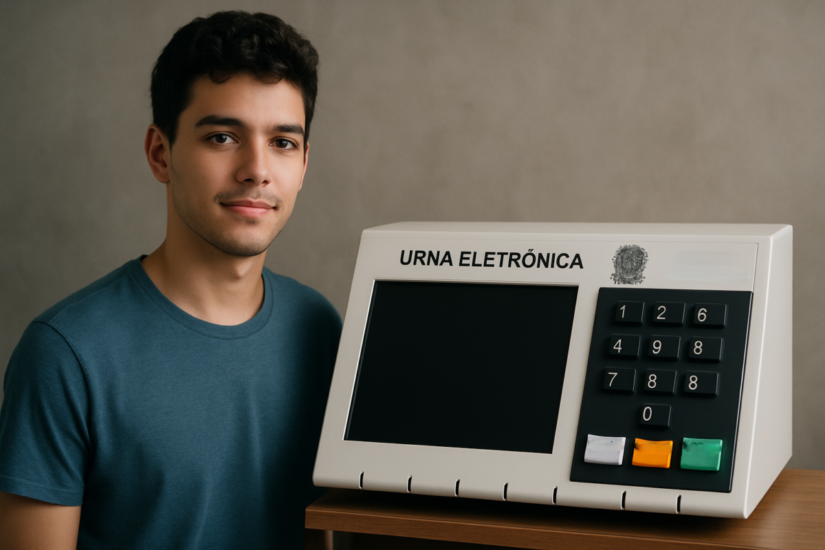 Eleições 2026: prazo para emissão do 1º título de eleitor vai até 6 de maio 2 Jovem posa ao lado de uma urna eletrônica usada nas eleições brasileiras.