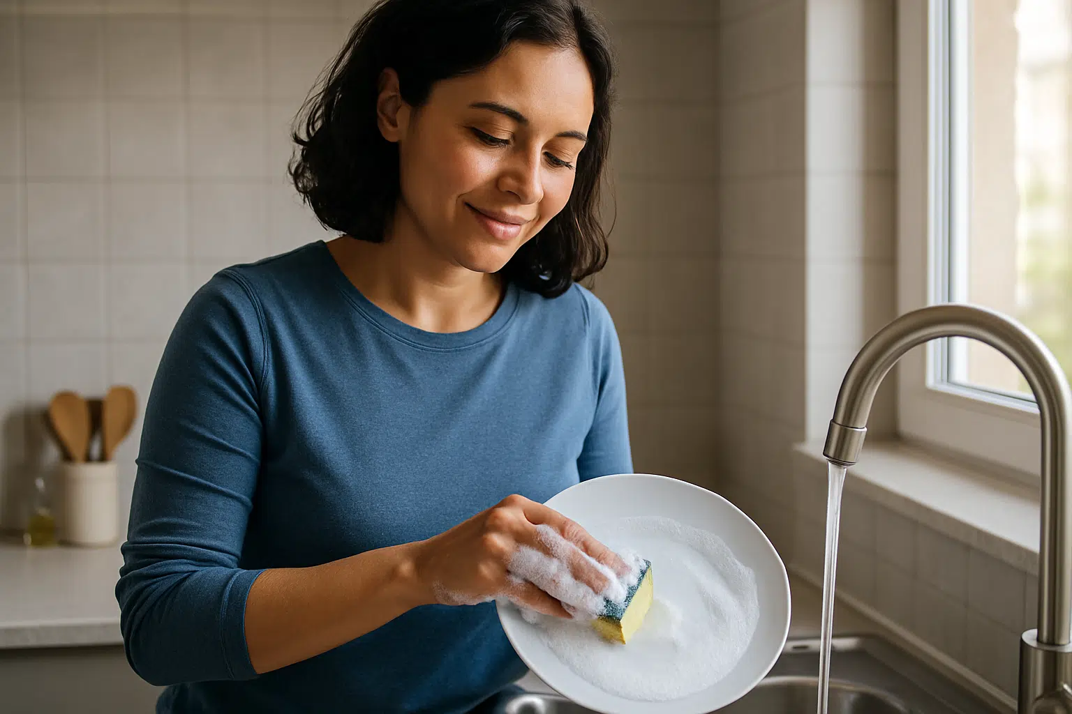 A verdade sobre a lava-louças: descubra quais itens você nunca deve colocar 2 Mulher lavando prato na pia da cozinha.