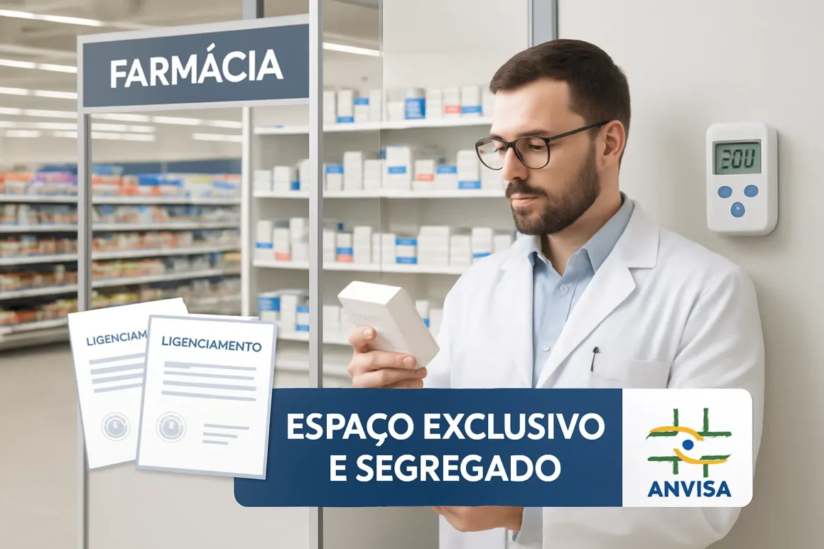 Lei permite que supermercados instalem farmácia para venda de remédios 2 Farmacêutico em ambiente de farmácia analisando embalagem de medicamento com destaque para espaço exclusivo e segregado, ANVISA