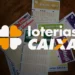 Volantes das loterias Caixa dispostos sobre mesa com logotipo centralizado.