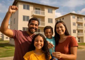 Família sorridente segurando chave em frente a prédio residencial