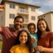 Família sorridente segurando chave em frente a prédio residencial