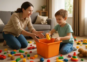 Mulher e criança guardando brinquedos em uma caixa laranja