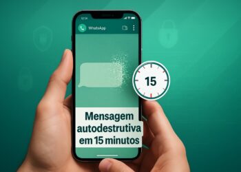 Mão segurando celular com mensagem autodestrutiva no WhatsApp e cronômetro de 15 minutos