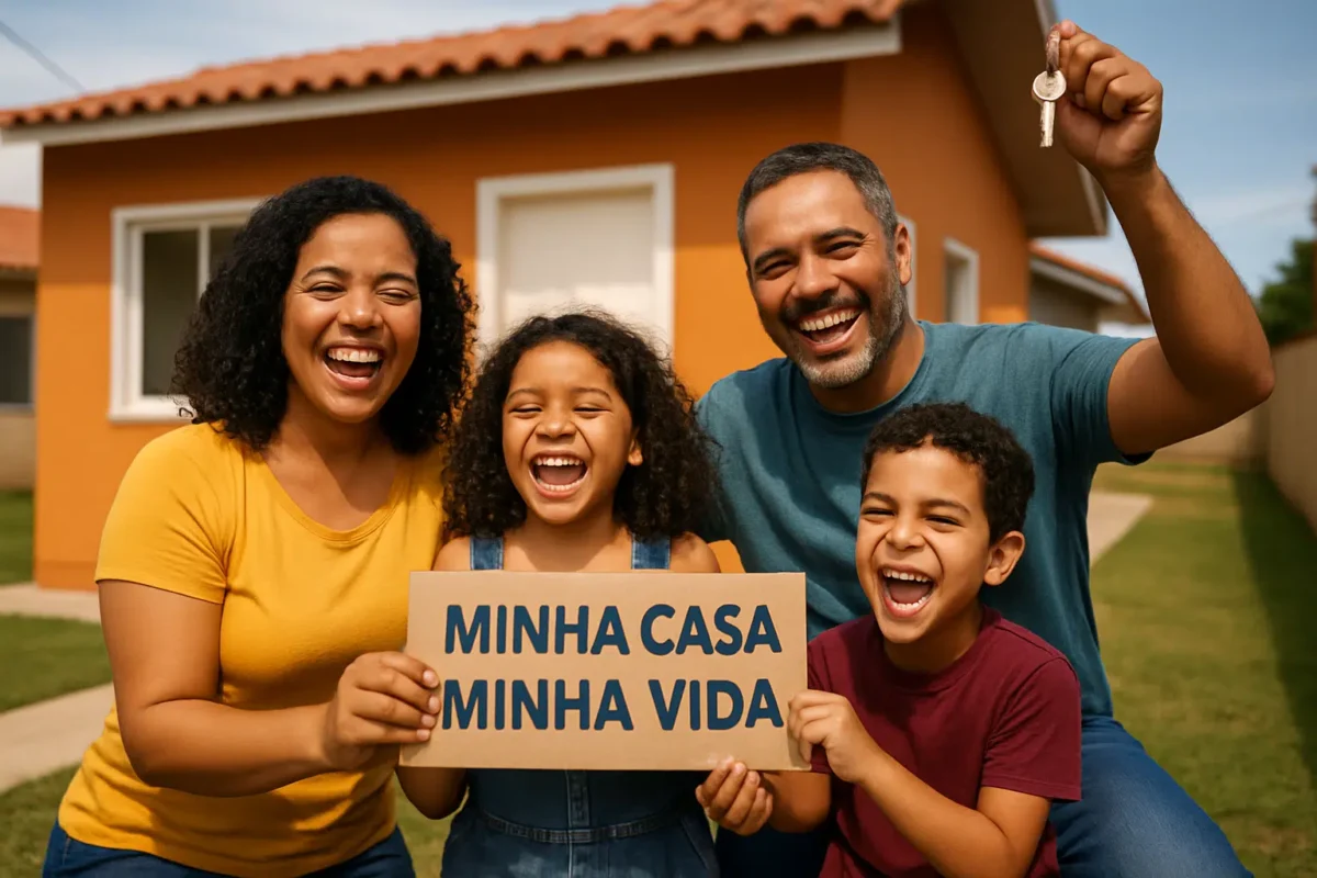 Minha Casa Minha Vida terá aumento dos limites de faixas e de valor dos imóveis 2 Família feliz com placa 'Minha Casa Minha Vida' em frente a uma casa nova