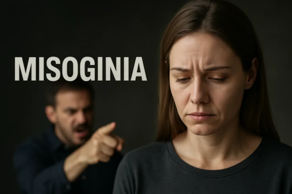 Misoginia como crime de ódio: o que muda com projeto aprovado no Senado 2 Homem gritando e apontando para uma mulher triste, com a palavra 'Misoginia' ao fundo