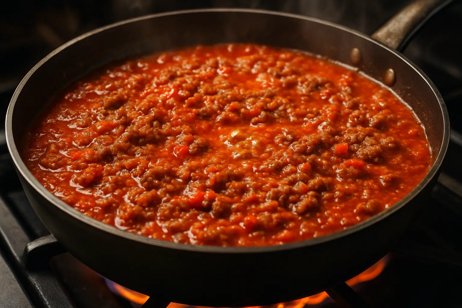 Por que você deve ralar uma batata crua dentro do molho bolonhesa 2 Molho bolonhesa caseiro cozinhando em frigideira.