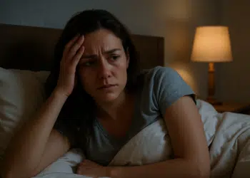 Mulher deitada na cama com expressão preocupada