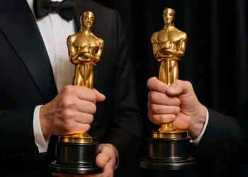 Duas pessoas segurando estatuetas do Oscar