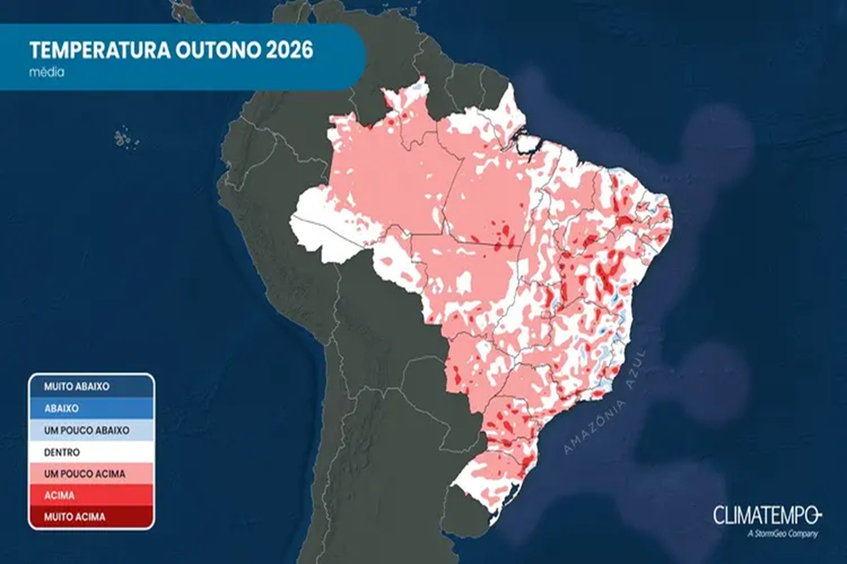 Hora de tirar os casacos do armário? Frio intenso do Outono tem data marcada 2 Mapa do Brasil mostrando prevalência de áreas em tons vermelhos indicando temperaturas acima da média no outono de 2026