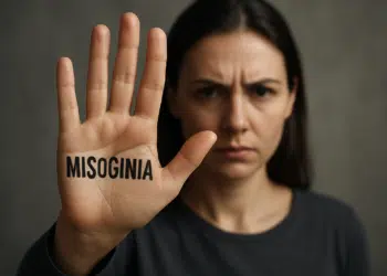 Mulher séria com a palavra 'MISOGINIA' escrita na palma da mão levantada