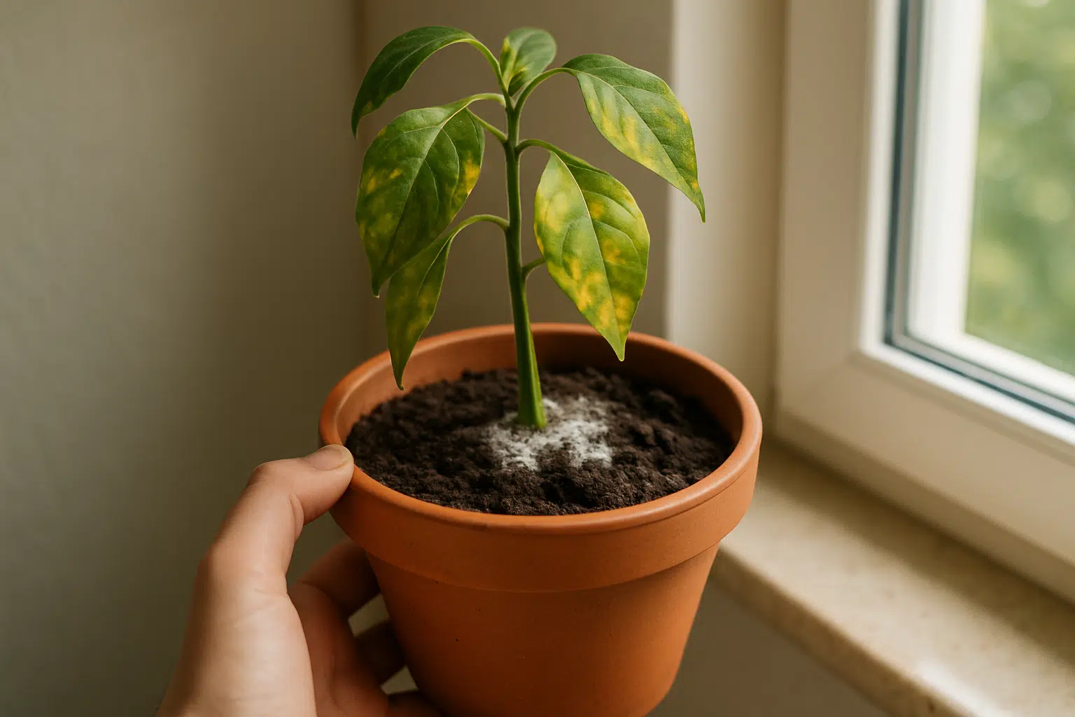 O sinal silencioso de que sua planta está "pedindo socorro" (e não é folha seca) 2 Vaso de planta com folhas amareladas e mofo branco no solo