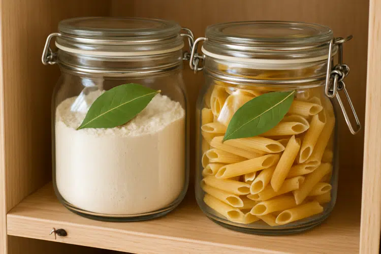 Coloque uma "folha de louro" dentro do pote de farinha e de macarrão; o motivo não é o sabor 1 Dois potes de vidro com tampa, um contendo farinha e outro macarrão penne, ambos decorados com uma folha de louro sobre o vidro.
