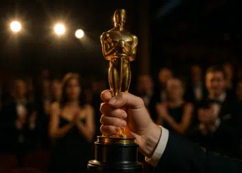 Pessoa segurando um troféu de prêmio dourado em um palco.